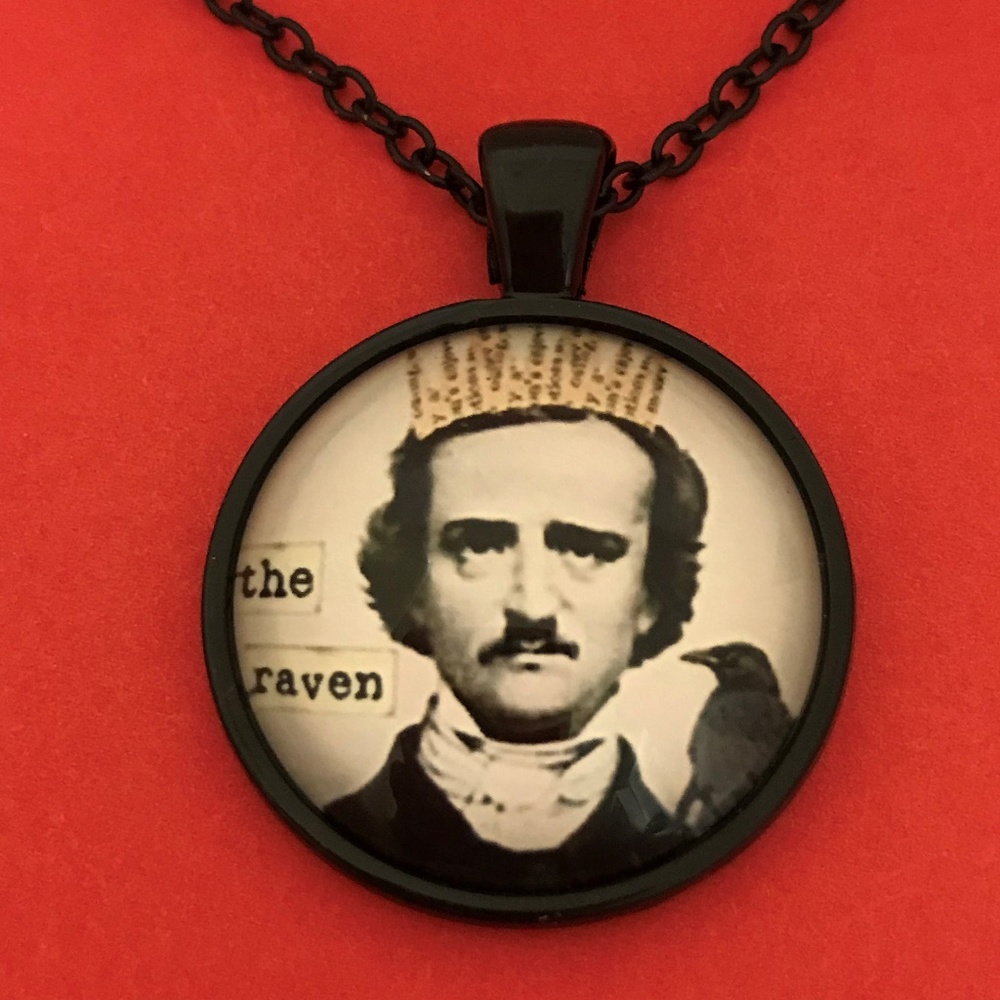 Edgar Allan Poe in Crown Collage Black Necklace